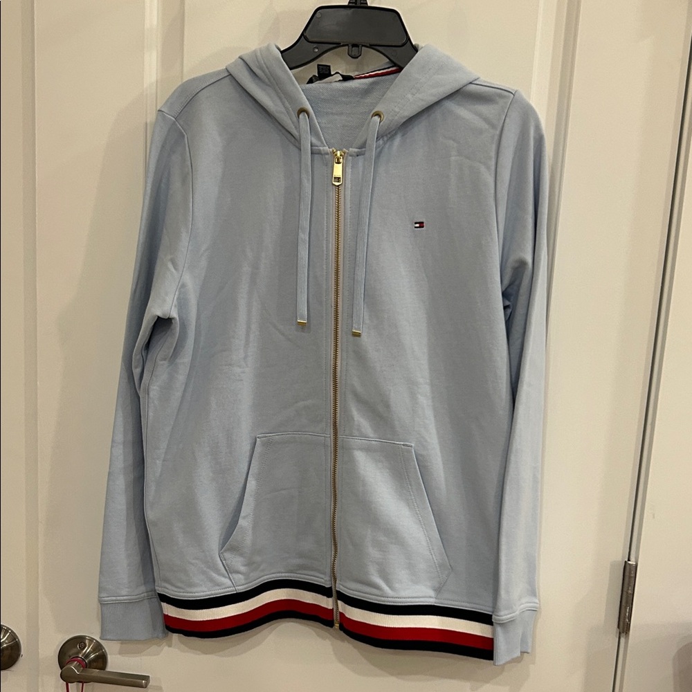 Tommy Hilfiger Sky Blue Zip-Up Hoodie with Striped Trim